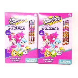 Lot of 2 Children's Valentines Cards "Shopkins" with 16 Cards & 16 Pencils Each